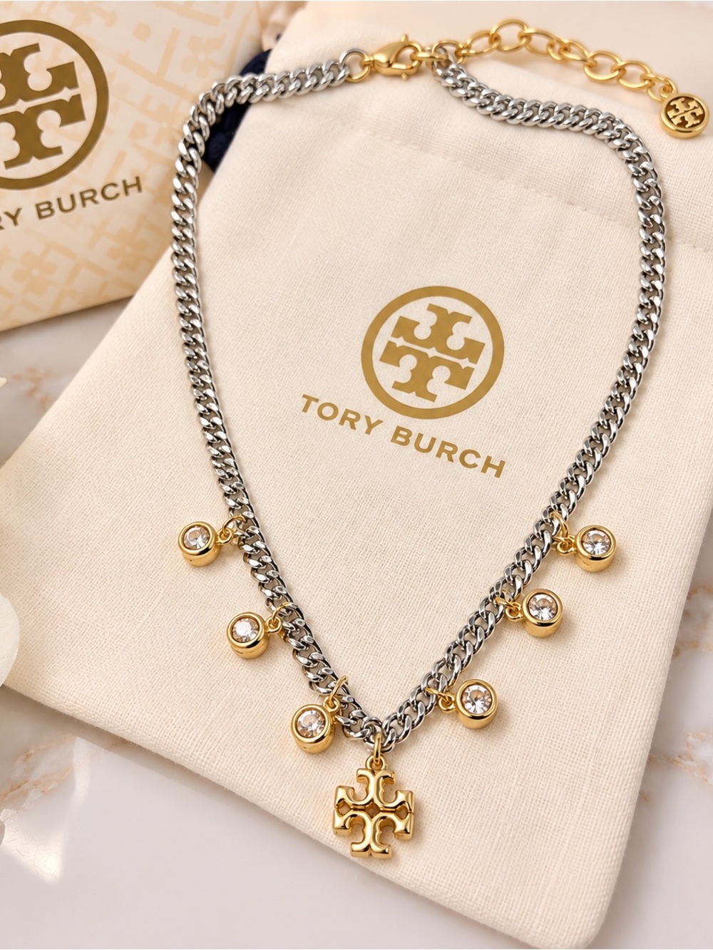 Tory Burch Two-Tone Gold and Silver Charm Necklace with Crystal Drops